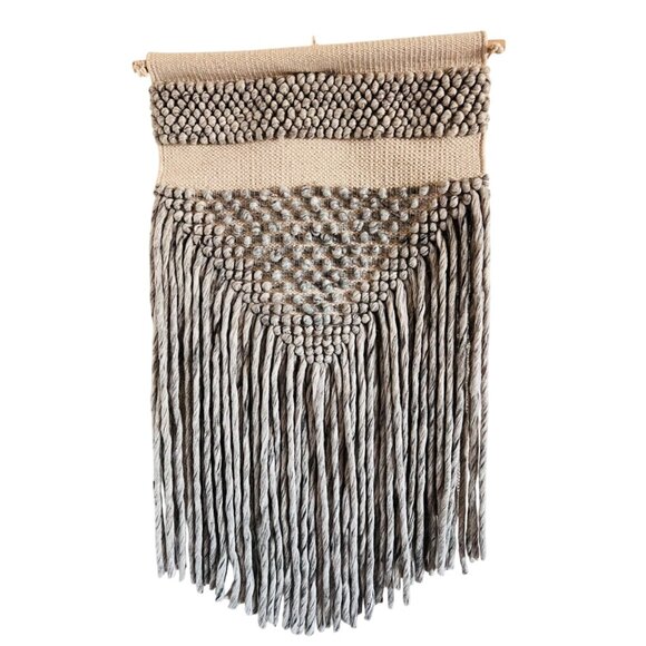 Handwoven Macramé Wall Hanging With Tassels Beige & Gray Boho Decor Rope Design - Picture 2 of 8